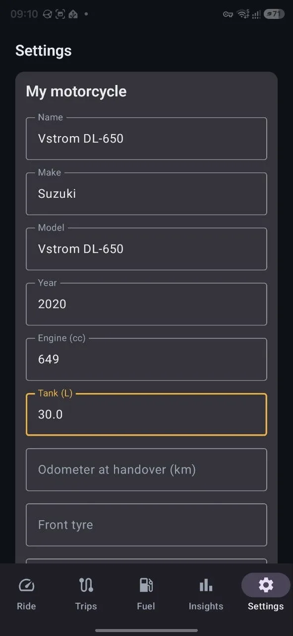 The motorcycle's own details, kept in the app rather than in an account somewhere