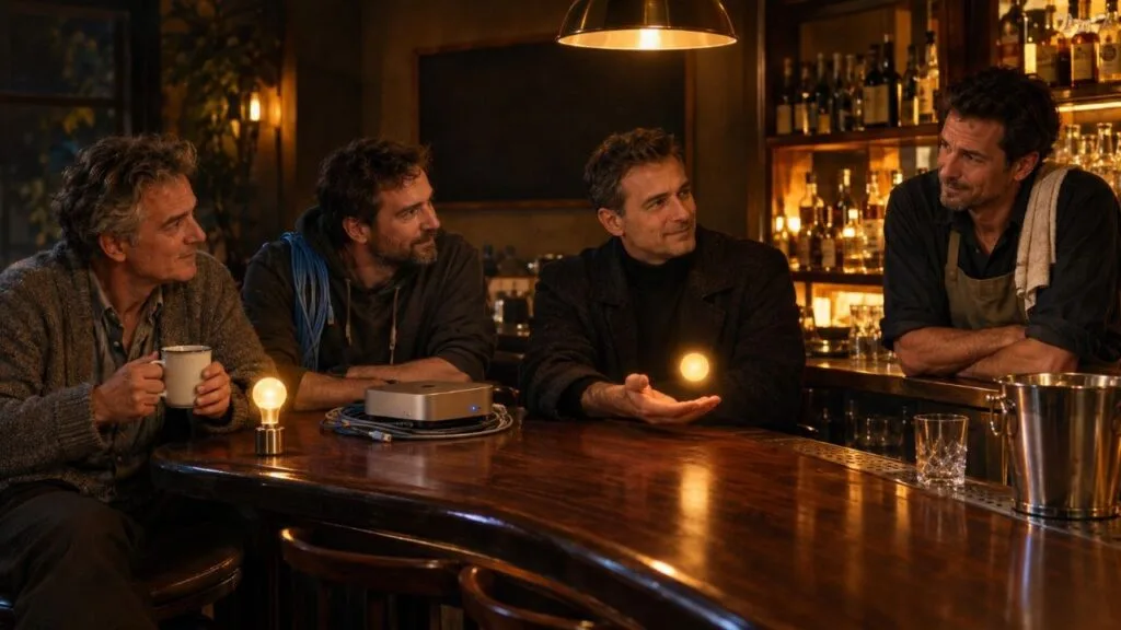 Four men in a warm bar: one in a cardigan with a mug and a glowing bulb on the counter, one in a hoodie with coiled network cables and a small silver computer, one in a dark coat with a small sphere of light hovering above his open palm, and a barman leaning on the bar with folded arms.